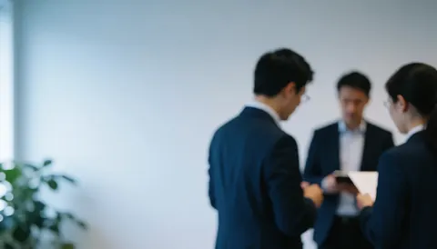 Deux personnes en costume se serrent la main tandis qu'une troisième tient des documents dans un environnement de bureau professionnel.