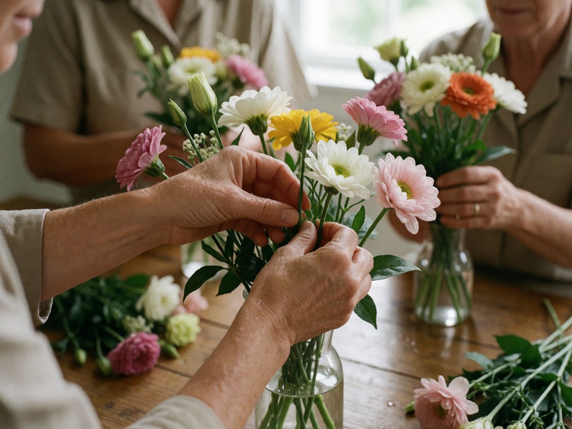 Des mains d'adultes composent un bouquet fleuri sur une table en bois, illustrant l'art floral et la décoration.