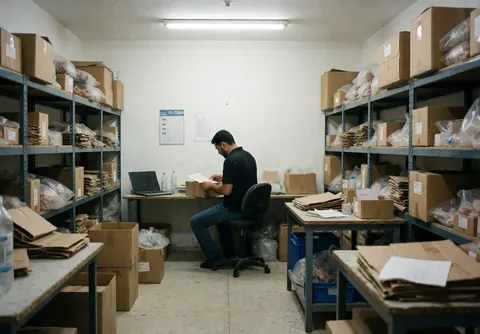 Un homme assis sur une chaise vérifie des papiers au milieu d'allées remplies de rayonnages, de cartons et de colis dans un entrepôt logistique.