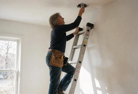 Une électricienne professionnelle utilise des outils pour fixer un luminaire sur le plafond d'une pièce aux murs blancs.