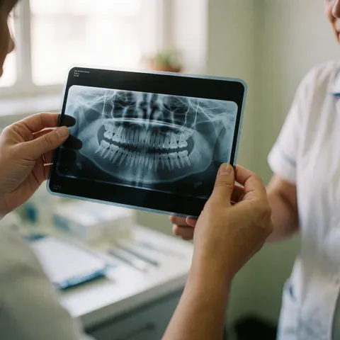 Deux professionnels de l'odontologie analysent ensemble une radiographie dentale dans un cabinet, visualisant les dents et les os maxillaires.