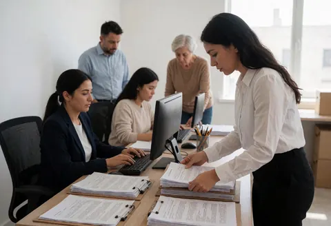 Une femme vérifie des documents sur un bureau pendant que d'autres collègues travaillent sur des ordinateurs dans un environnement professionnel.
