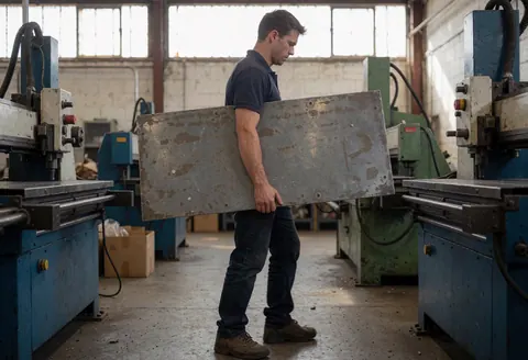 Un homme porte un grand panneau métallique dans un couloir d'usine avec des machines industrielles et une lumière naturelle provenant de fenêtres hautes.