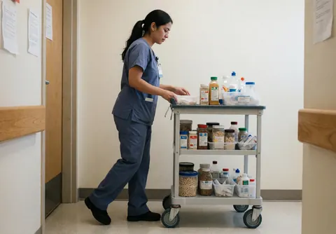 Une infirmière avance avec un chariot à médicaments dans le couloir d'une clinique, concentrée sur sa tâche, vêtue d'un uniforme bleu sous une lumière clinique vive.