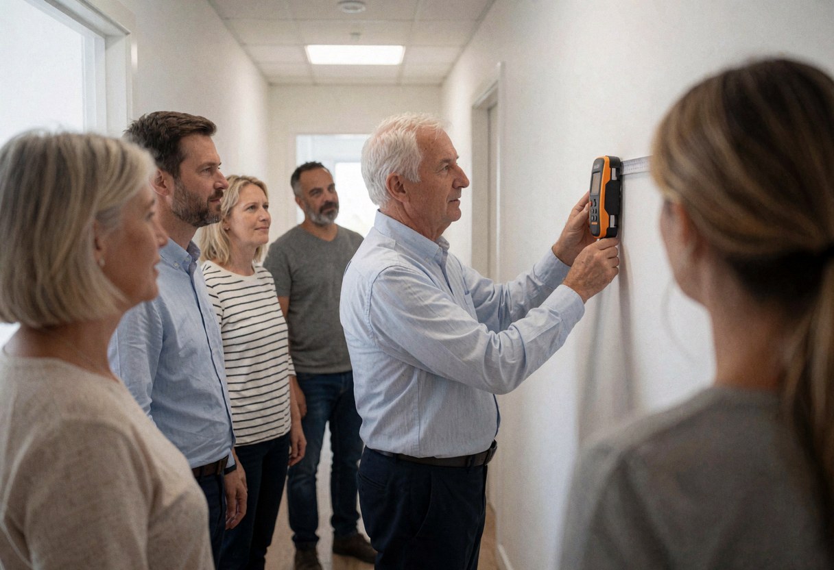 Un agent immobilier utilise un appareil de mesure professionnel sur un mur pendant qu'un groupe de personnes observe dans le couloir d'un bureau moderne.