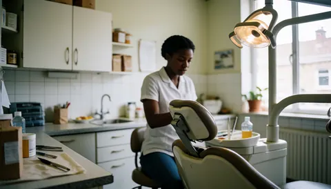 Assistante dentiste travaillant dans une clinique équipée d'un fauteuil de traitement, d'un éclairage dentaire et d'instruments médicaux dans un environnement propre.