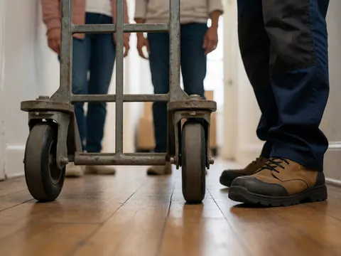 Un dolly métallique à roues posé sur un sol en bois, avec des pieds de personnes visibles autour, adapté aux services de déménagement.