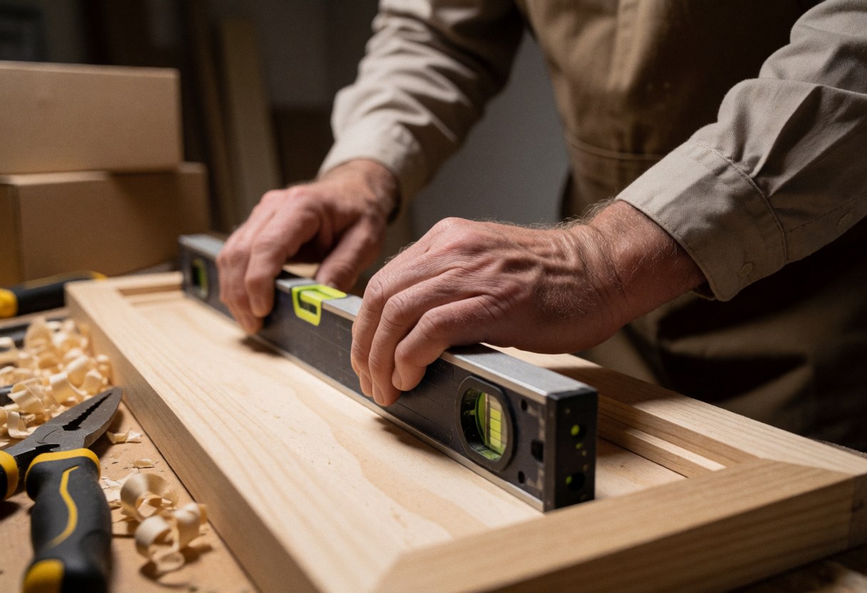 Une main maintient un niveau à bulle sur une planche en bois clair, entourée de copeaux et d'outils dans un atelier de menuiserie.