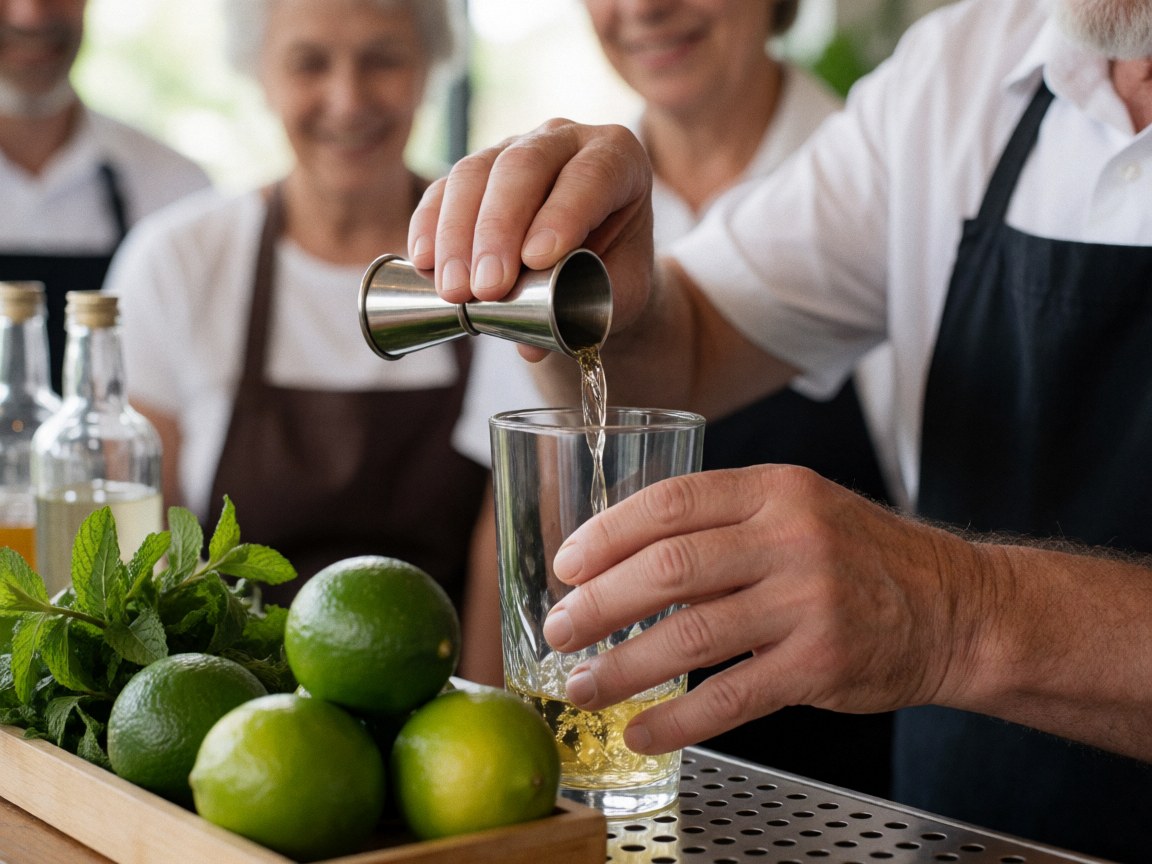 Prise de vue rapprochée des mains du barman préparant un cocktail avec un jigger, des tranches de citron vert et de la menthe fraîche sur le comptoir.
