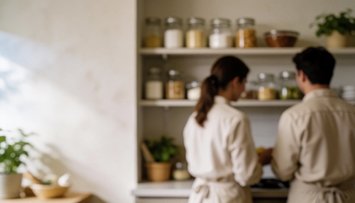 Deux personnes cuisinant dans une cuisine équipée avec des étagères remplies d'ingrédients sur un fond flou offrant un espace pour le texte.