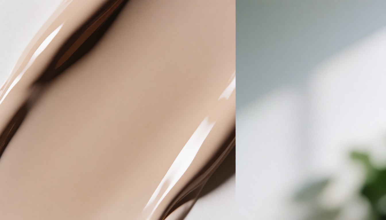 Arrière-plan abstrait beige neutre avec gradient doux et éclairage subtil, offrant un espace libre à droite pour l'ajout de texte commercial.