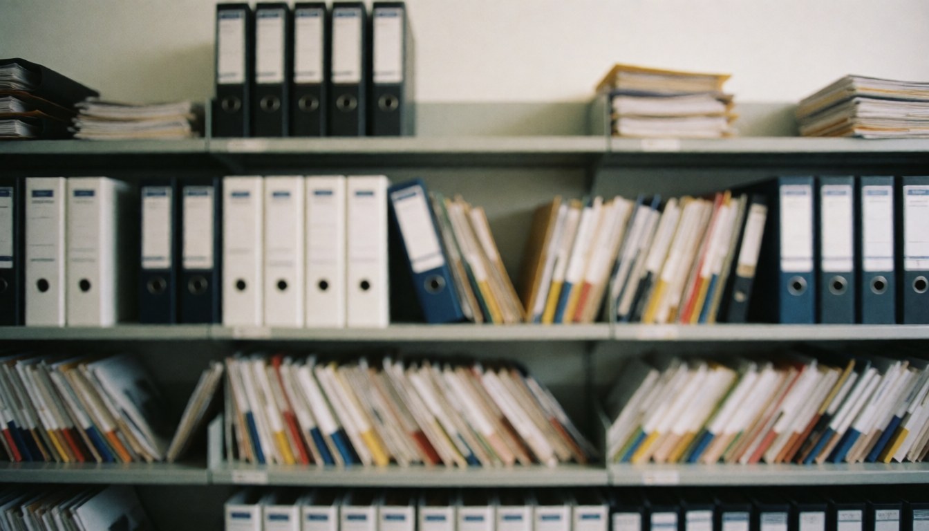 Des étagères remplies de dossiers et documents dans un bureau comptable, avec un fond flou adapté pour ajouter du texte professionnel.