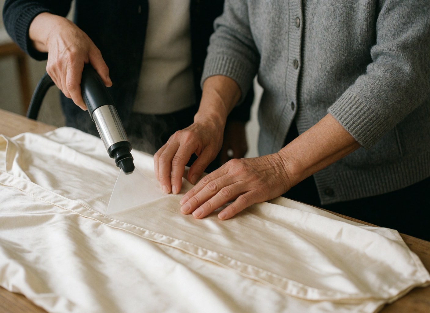 Une femme âgée utilise un vaporisateur pour repasser délicatement une chemise blanche sur une table en bois, mains visibles sur fond neutre.
