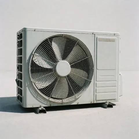 Vue d'une unité extérieure de climatisation grise posée sur un sol en béton avec ventilateur visible et ombre projetée.