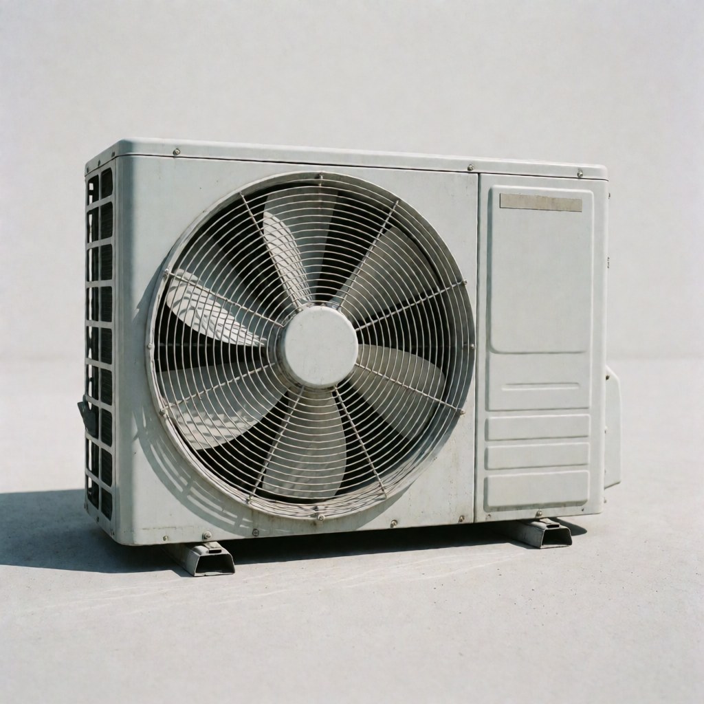 Vue d'une unité extérieure de climatisation grise posée sur un sol en béton avec ventilateur visible et ombre projetée.
