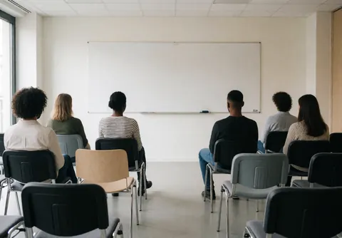 Un groupe de personnes est assis sur des chaises devant un tableau blanc dans une salle de formation moderne et spacieuse.