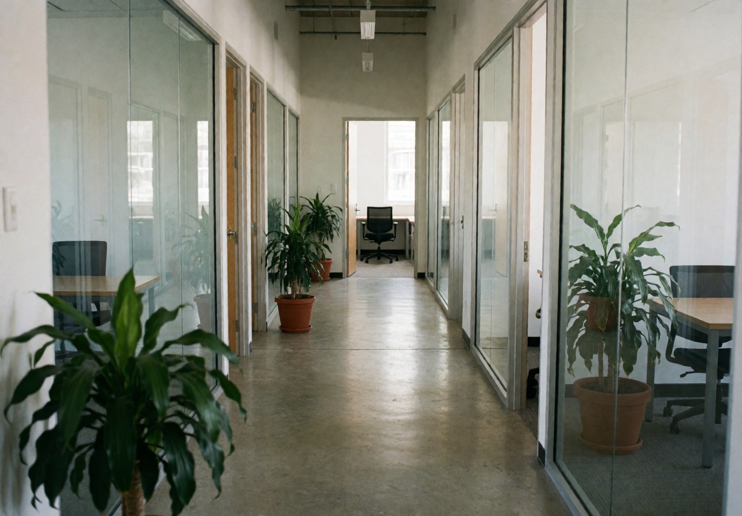 Couloir d'un espace de travail contemporain bordé de plantes vertes, avec des bureaux visibles à travers des parois vitrées transparentes.