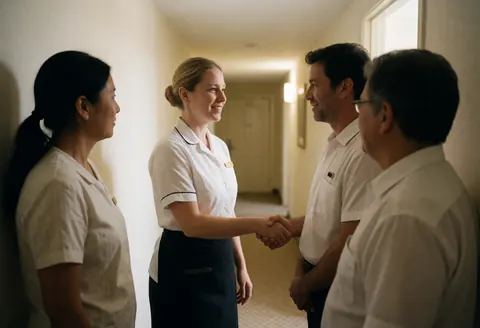 Employée souriante serre la main d'un client à l'accueil tandis qu'un collègue observe dans un cadre chaleureux et professionnel.