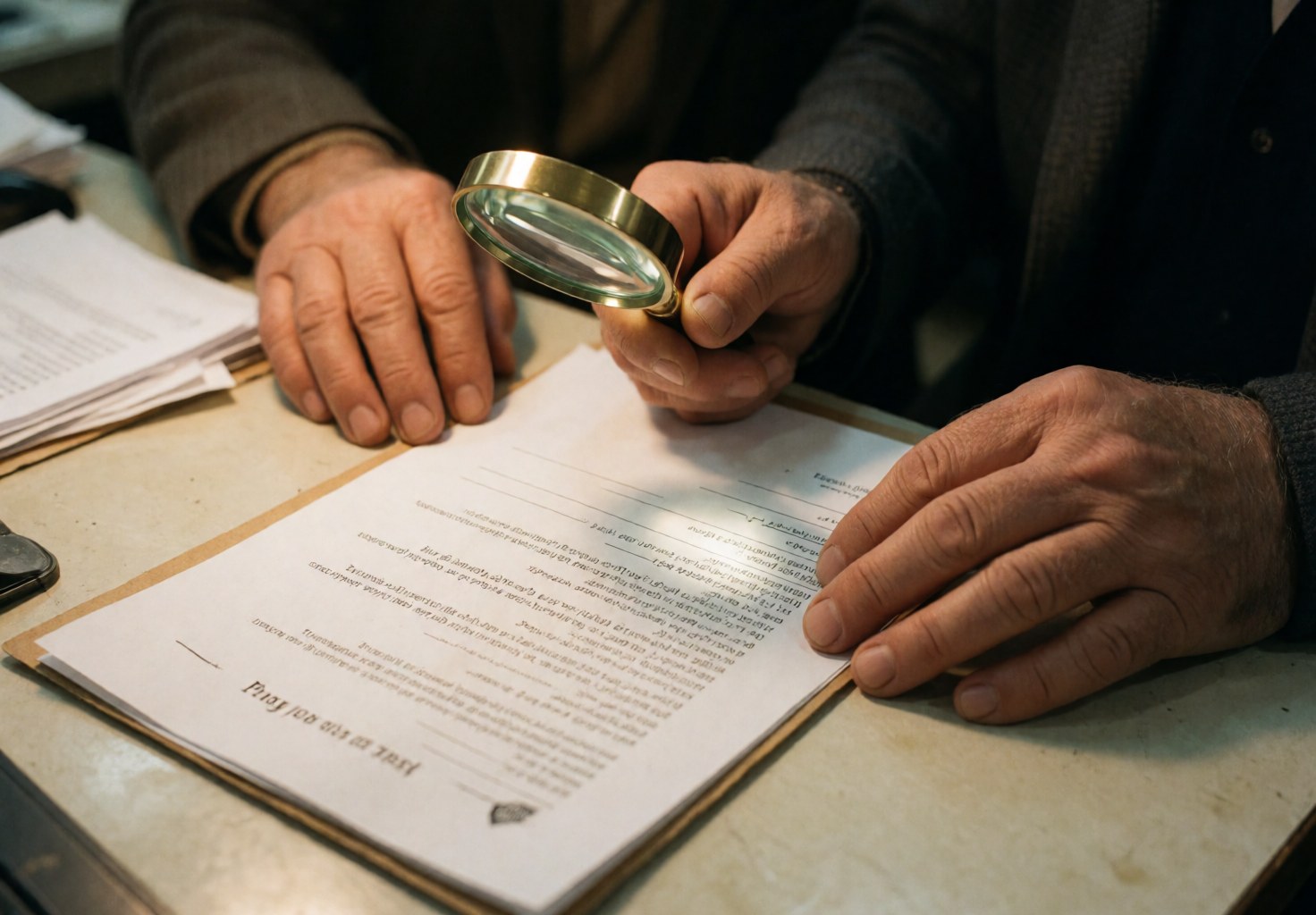 Une main d'homme âgé vérifie les détails d'un contrat sur une table de bureau grâce à une loupe, dans un environnement professionnel éclairé naturellement.