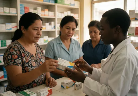 Un pharmacien explique les détails d'un médicament à une cliente femme dans une pharmacie avec des étagères de produits en arrière-plan.