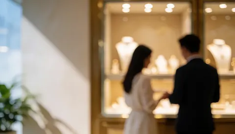 Arrière-plan luxueux de bijouterie avec vitrines éclairées et flou artistique doré, laissant un espace libre pour ajouter du texte.