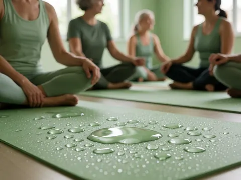 Des gouttes d'eau brillent sur un tapis de yoga vert tandis que plusieurs personnes pratiquent le yoga en arrière-plan flou.
