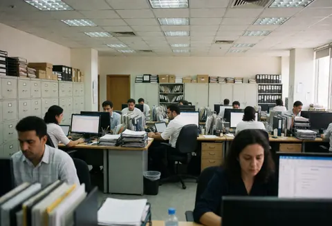 Plusieurs employés sont assis à leurs bureaux avec des ordinateurs, entourés d'archivages et de documents dans un espace de travail professionnel.