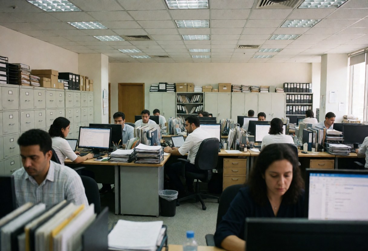 Plusieurs employés sont assis à leurs bureaux avec des ordinateurs, entourés d'archivages et de documents dans un espace de travail professionnel.
