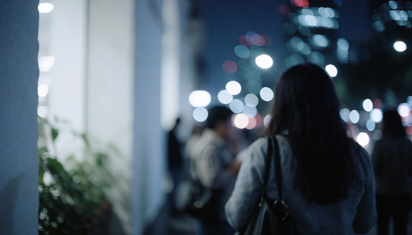 Une femme marche sur une rue urbaine nocturne avec des lumières floues en arrière-plan et des bâtiments de chaque côté.