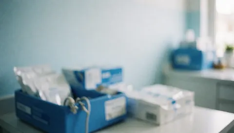 Matériel médical et fournitures disposés sur une table dans une clinique vétérariale aux murs bleus, servant de fond pour du texte.