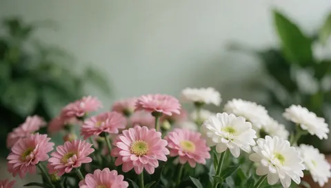 Des fleurs roses et blanches dans un pot avec des feuilles vertes sur un fond flou.
