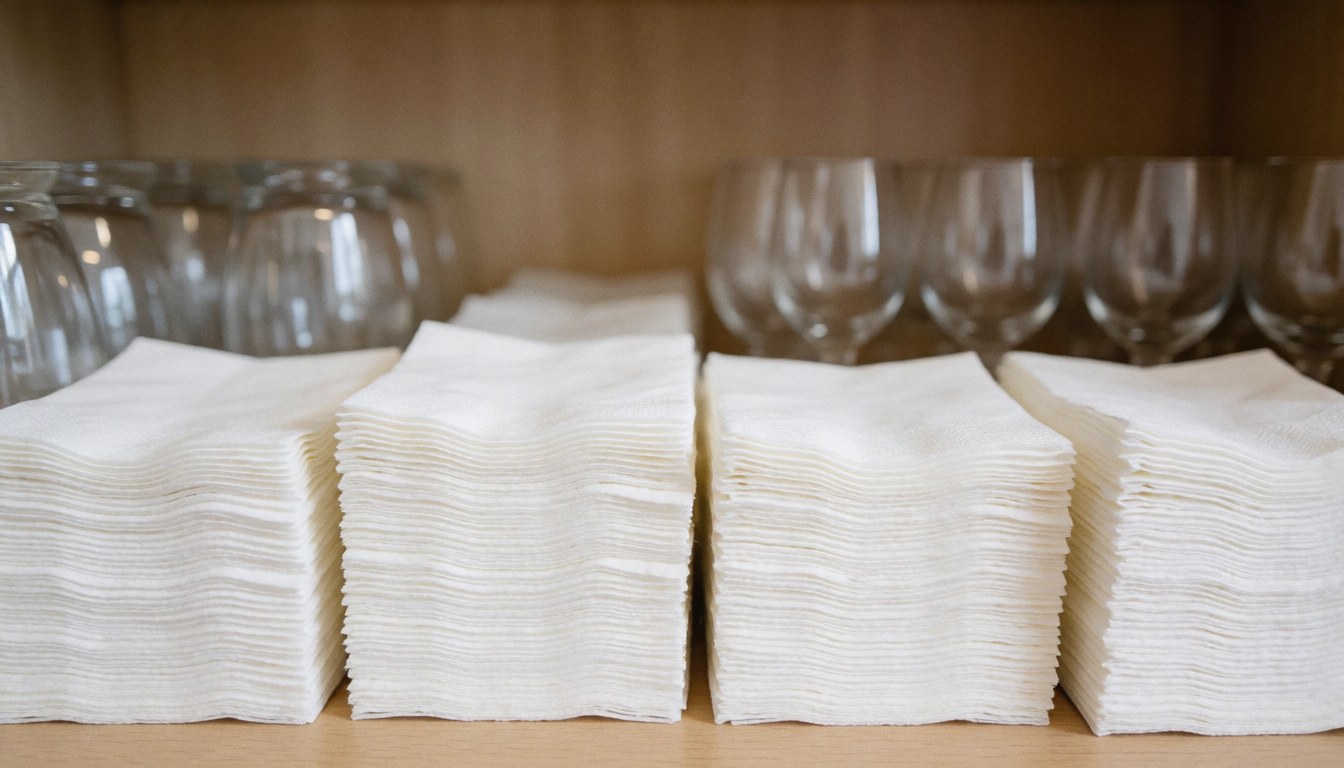 Fond d'événement avec serviettes blanches et verres en cristal, idéal pour textes et design de mariages et célébrations