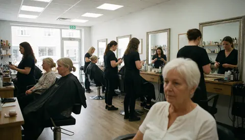 Plusieurs personnes travaillent dans un salon de coiffure, des coiffeurs s'occupent de clients assis sur des chaises avec des capes noires.
