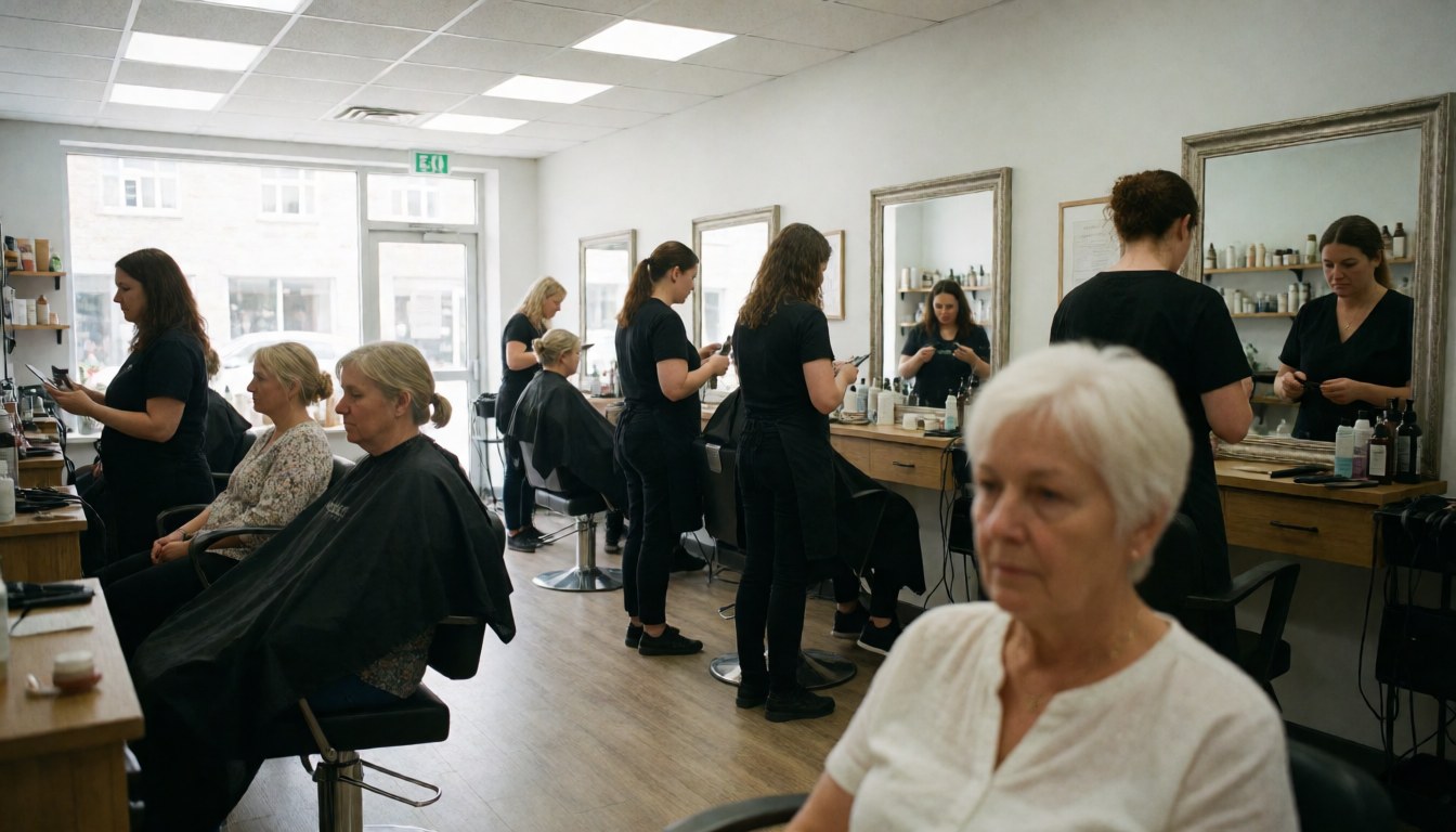 Plusieurs personnes travaillent dans un salon de coiffure, des coiffeurs s'occupent de clients assis sur des chaises avec des capes noires.