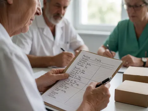Trois professionnels en clinique consultent un plan nutritionnel sur une table avec des carnets et des stylos.