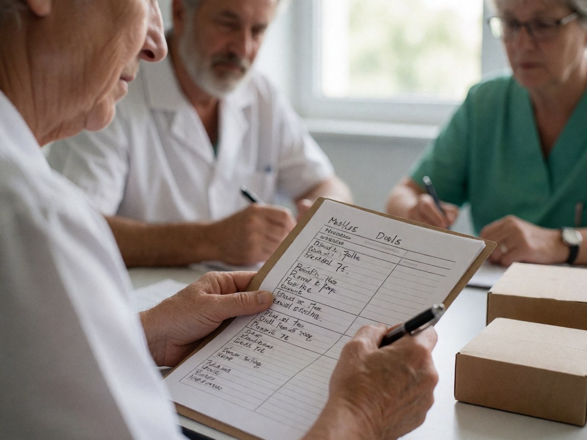 Trois professionnels en clinique consultent un plan nutritionnel sur une table avec des carnets et des stylos.