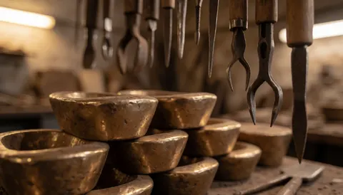 Des lingots de bronze posés sur une table d'atelier avec des outils suspendus au-dessus, dans un environnement de travail manuel.
