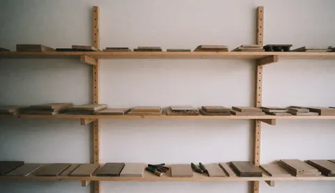 Étagères en bois présentant des échantillons de bois pour projets de menuiserie et design d'intérieur, servant de fond texturé.