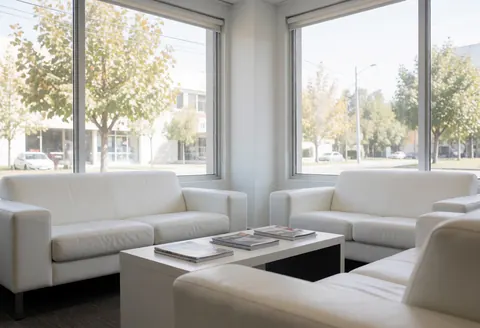 Salle d'attente moderne équipée de canapés blancs et d'une table basse, baignée de lumière naturelle grâce à de grandes fenêtres donnant sur la rue.