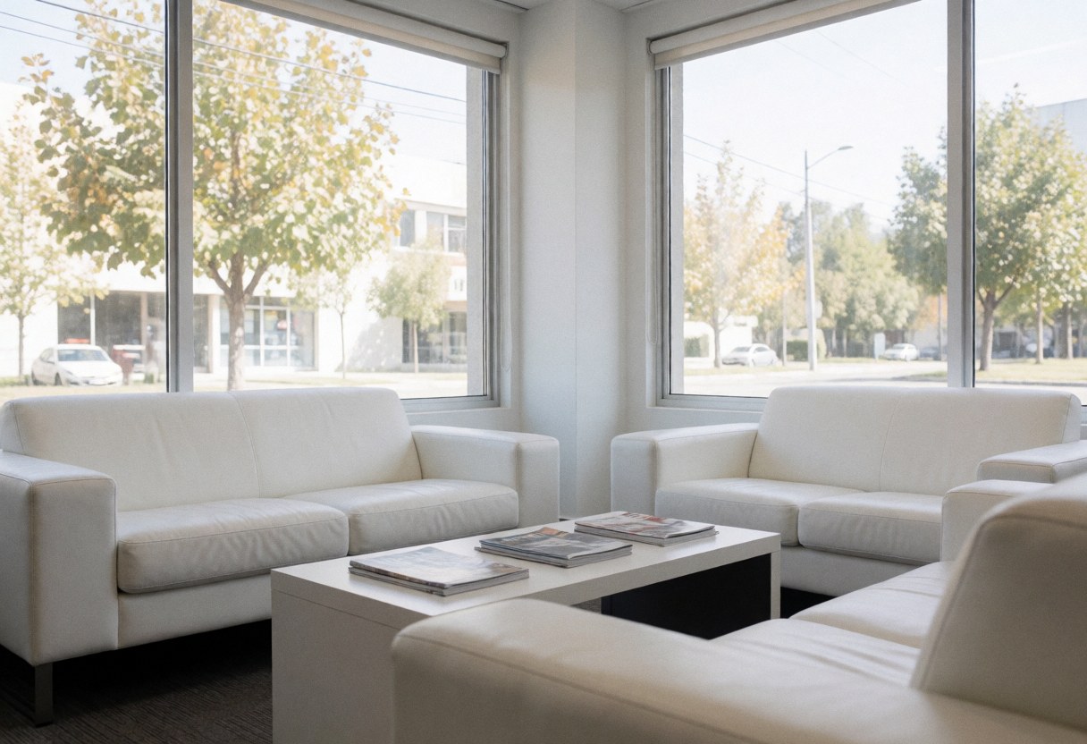 Salle d'attente moderne équipée de canapés blancs et d'une table basse, baignée de lumière naturelle grâce à de grandes fenêtres donnant sur la rue.