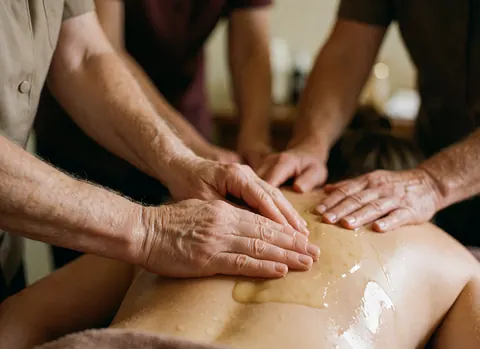 Des mains de thérapeutes appliquent de l'huile végétale sur le dos d'une personne dans un centre de spa.