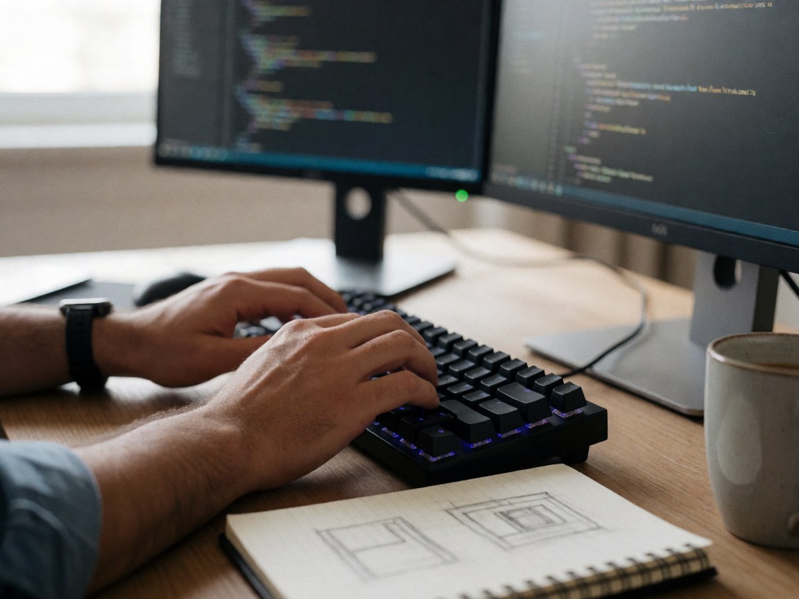 Mains tapant sur un clavier d'ordinateur avec deux moniteurs et une tasse de café posés sur un bureau en bois.
