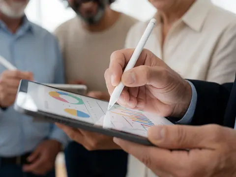 Une main dessine des graphiques sur une tablette pendant que d'autres observent attentivement les données affichées à l'écran.