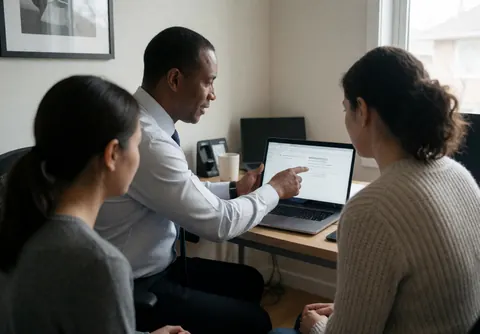Un technicien explique des informations sur un ordinateur portable à deux personnes dans un bureau.