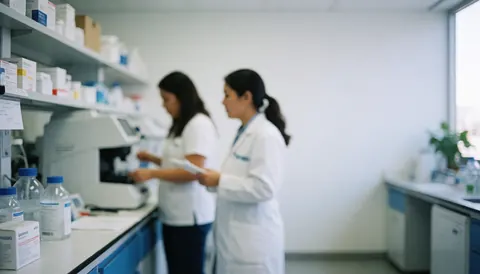 Deux professionnels travaillant avec un équipement médical et des échantillons dans un environnement propre et professionnel.