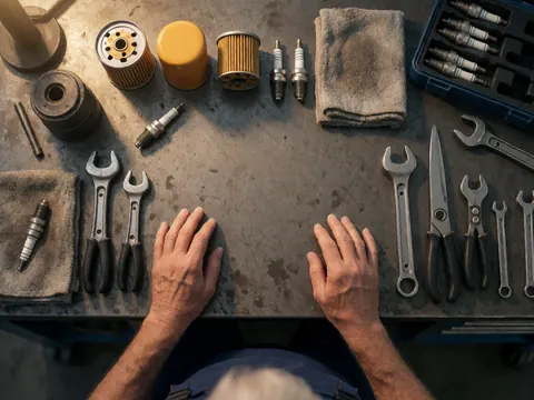 Vue de dessus d'outils de garage mécanique disposés sur une table de travail avec des mains adultes et des pièces de rechange comme des filtres et des bougies.