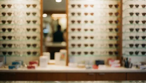 Arrière-plan flou d'un magasin d'optique montrant des étagères de lunettes, un comptoir et un espace vide en haut pour ajouter du texte.
