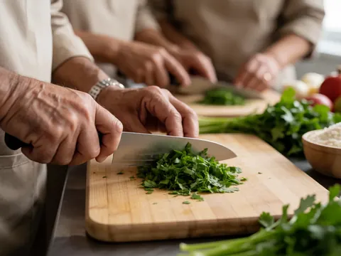 Des mains d'adultes tranchent des herbes vertes sur une planche à découper en bois dans une cuisine professionnelle.