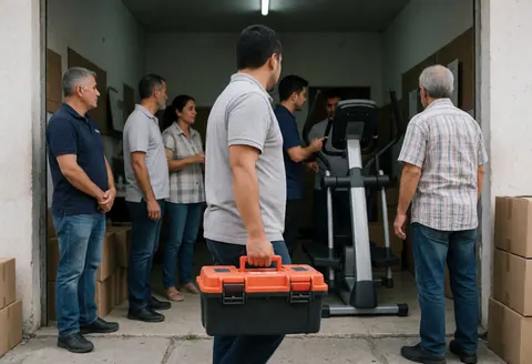 Un technicien avec une caisse à outils installe du matériel de fitness dans un local pendant que d'autres travailleurs observent la scène.