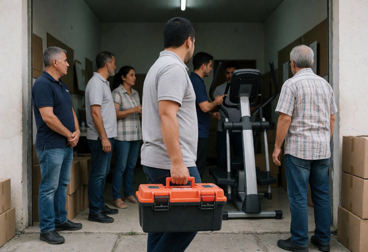 Un technicien avec une caisse à outils installe du matériel de fitness dans un local pendant que d'autres travailleurs observent la scène.